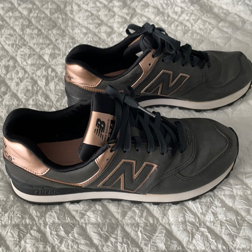 Black and rose gold New Balance 574, size 9.5